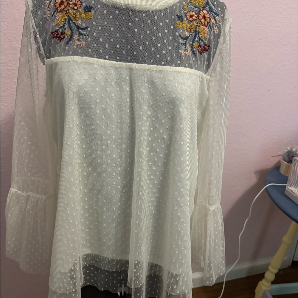 Embroidered Sheer Ivory Blouse